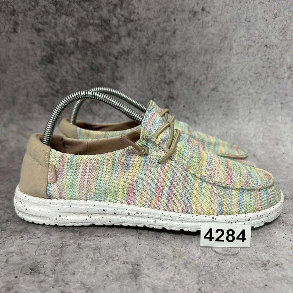 Hey Dude Wendy Sox Women 9 Aurora White Rainbow Color Knit Loafer Slip On
